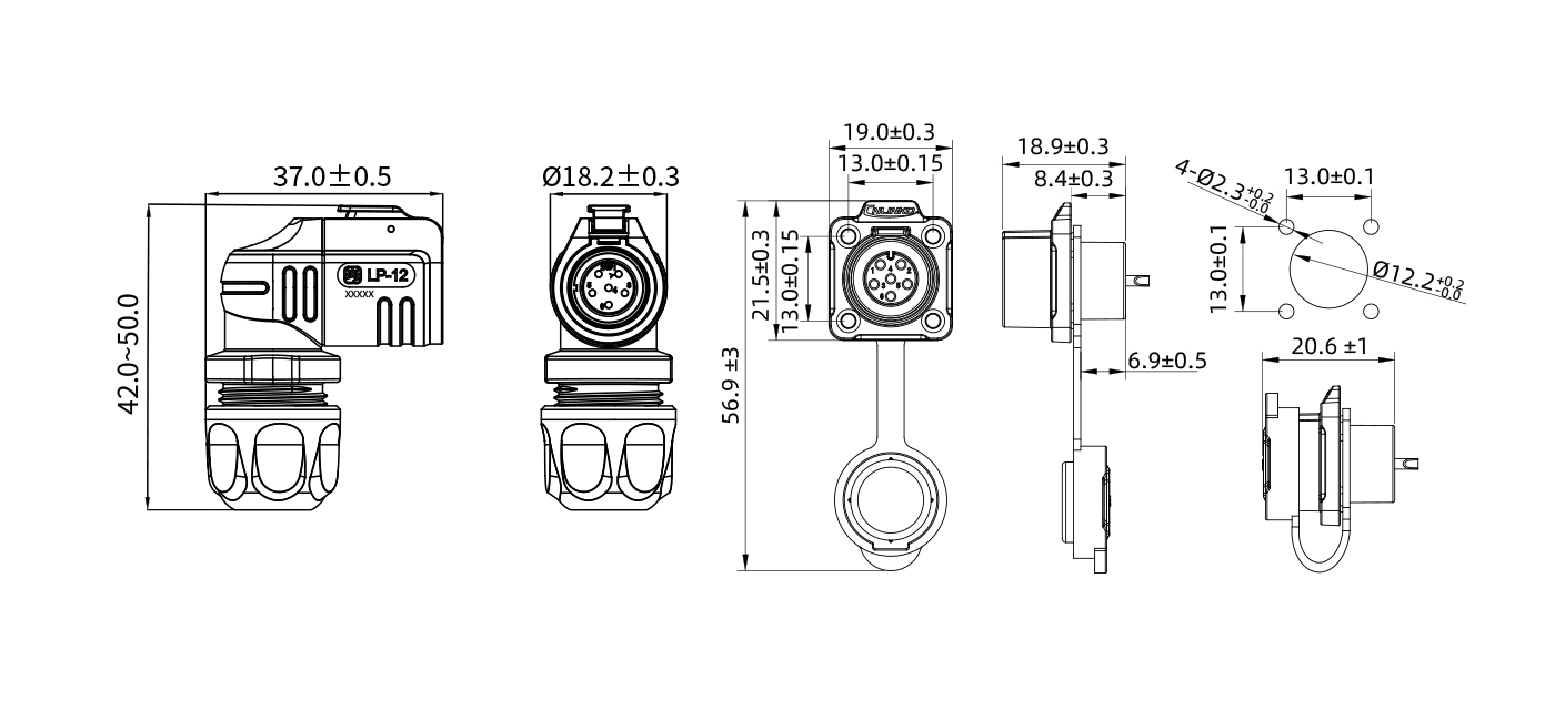P12 6-pin 90&deg; Water Tight Wire Connectors Design Dimensions-CNLINKO